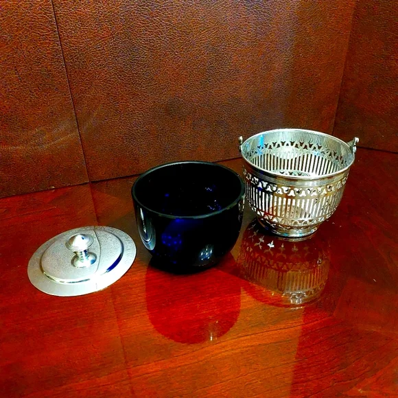 Reed & Barton Sugar Basket w/ Cobalt Blue Glass Insert and Lid